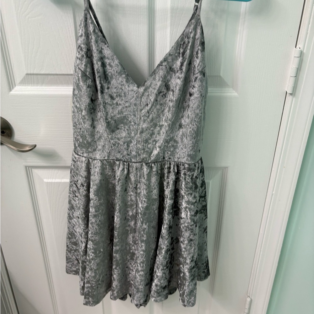 Silver Velvet Spaghetti Strap romper Dress